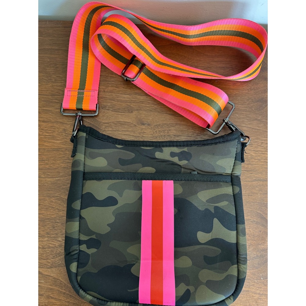 Haute Shore Camo Neoprene Crossbody Bag Pink Orange Stripe Messenger Bag